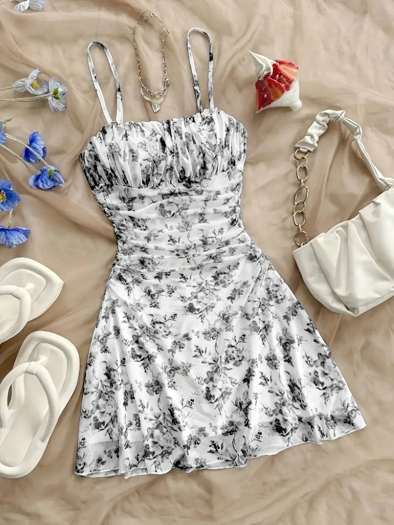 French Vintage Floral Print Halter Sleeveless Dress, Drawstring Waist Slimming, A-Line Short Dress, Summer Vacation Style, Bohemian Summer Dress, Casual Wear, Sexy Feminine Girl Dress, Adjustable, Women - Color: Dark Gray, Size: XS