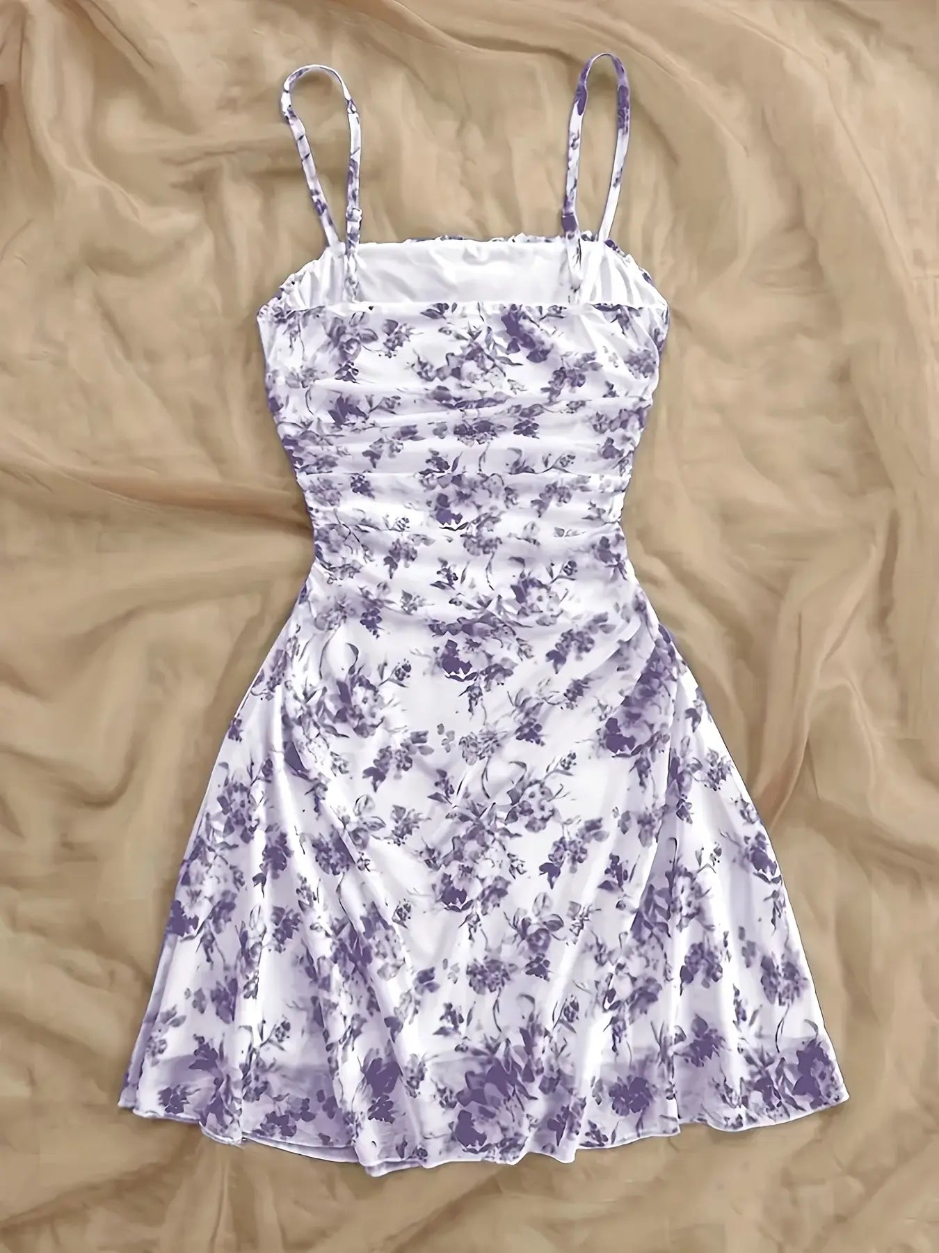 French Vintage Floral Print Halter Sleeveless Dress, Drawstring Waist Slimming, A-Line Short Dress, Summer Vacation Style, Bohemian Summer Dress, Casual Wear, Sexy Feminine Girl Dress, Adjustable, Women
