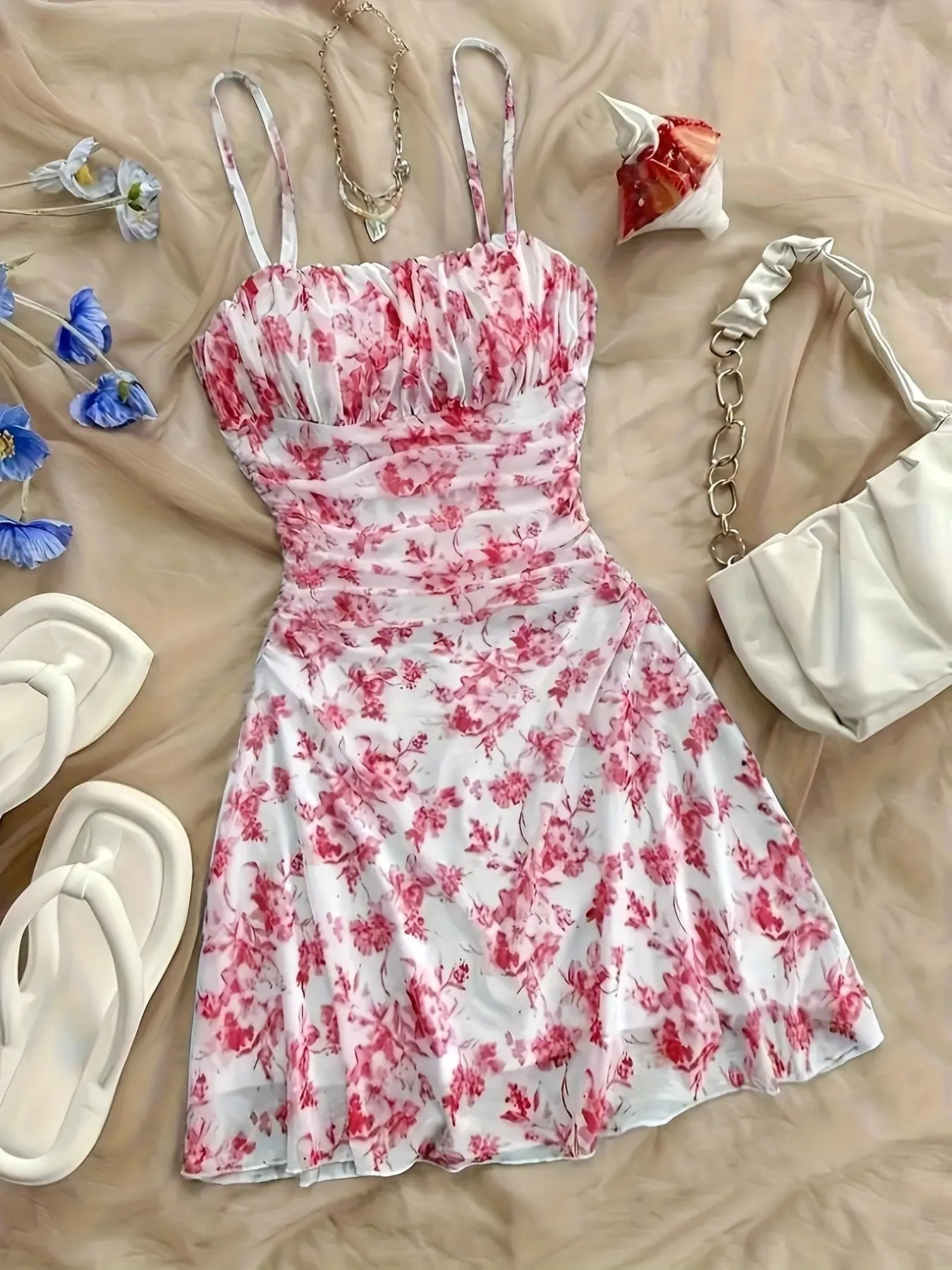 French Vintage Floral Print Halter Sleeveless Dress, Drawstring Waist Slimming, A-Line Short Dress, Summer Vacation Style, Bohemian Summer Dress, Casual Wear, Sexy Feminine Girl Dress, Adjustable, Women - Color: Red, Size: XS