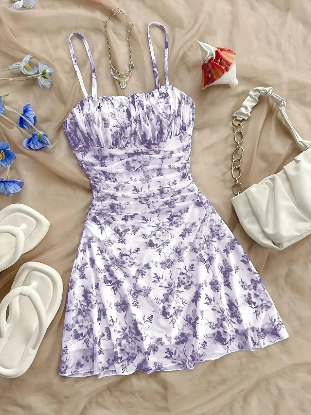 French Vintage Floral Print Halter Sleeveless Dress, Drawstring Waist Slimming, A-Line Short Dress, Summer Vacation Style, Bohemian Summer Dress, Casual Wear, Sexy Feminine Girl Dress, Adjustable, Women