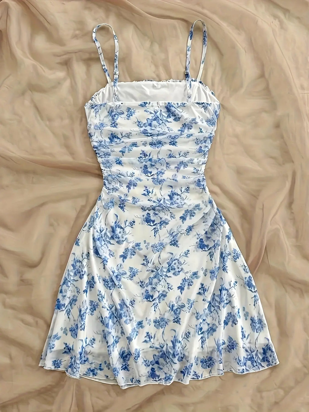 French Vintage Floral Print Halter Sleeveless Dress, Drawstring Waist Slimming, A-Line Short Dress, Summer Vacation Style, Bohemian Summer Dress, Casual Wear, Sexy Feminine Girl Dress, Adjustable, Women