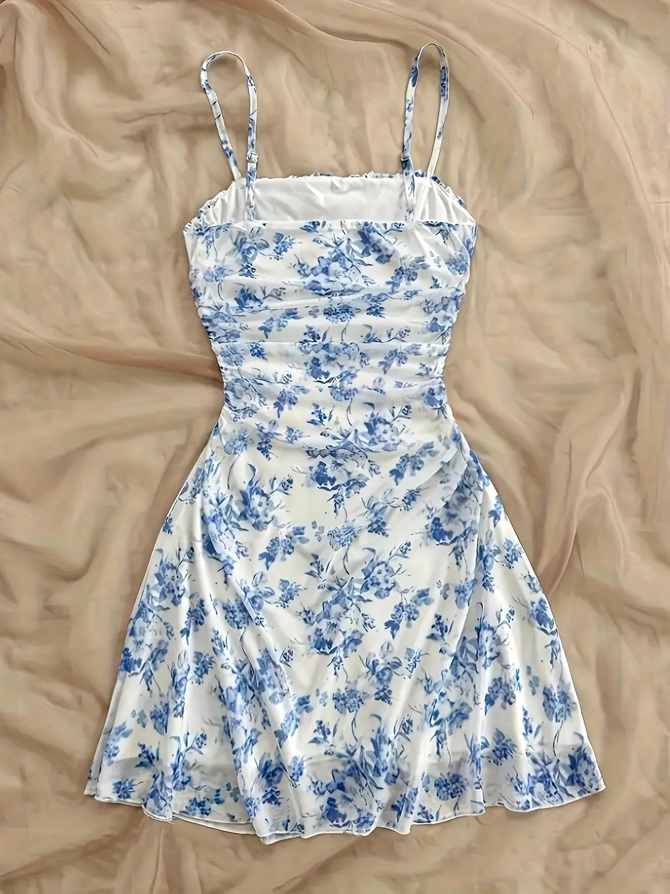 French Vintage Floral Print Halter Sleeveless Dress, Drawstring Waist Slimming, A-Line Short Dress, Summer Vacation Style, Bohemian Summer Dress, Casual Wear, Sexy Feminine Girl Dress, Adjustable, Women