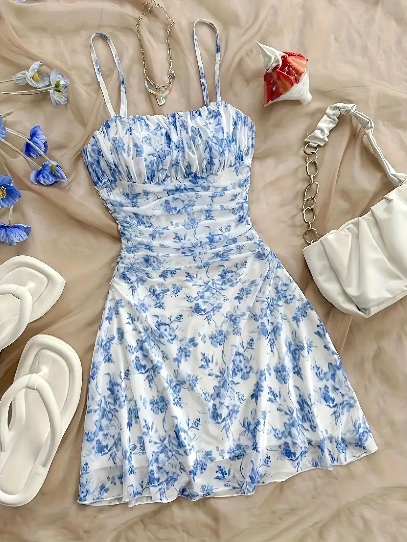 French Vintage Floral Print Halter Sleeveless Dress, Drawstring Waist Slimming, A-Line Short Dress, Summer Vacation Style, Bohemian Summer Dress, Casual Wear, Sexy Feminine Girl Dress, Adjustable, Women - Color: Blue and white, Size: XS