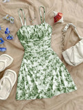 French Vintage Floral Print Halter Sleeveless Dress, Drawstring Waist Slimming, A-Line Short Dress, Summer Vacation Style, Bohemian Summer Dress, Casual Wear, Sexy Feminine Girl Dress, Adjustable, Women