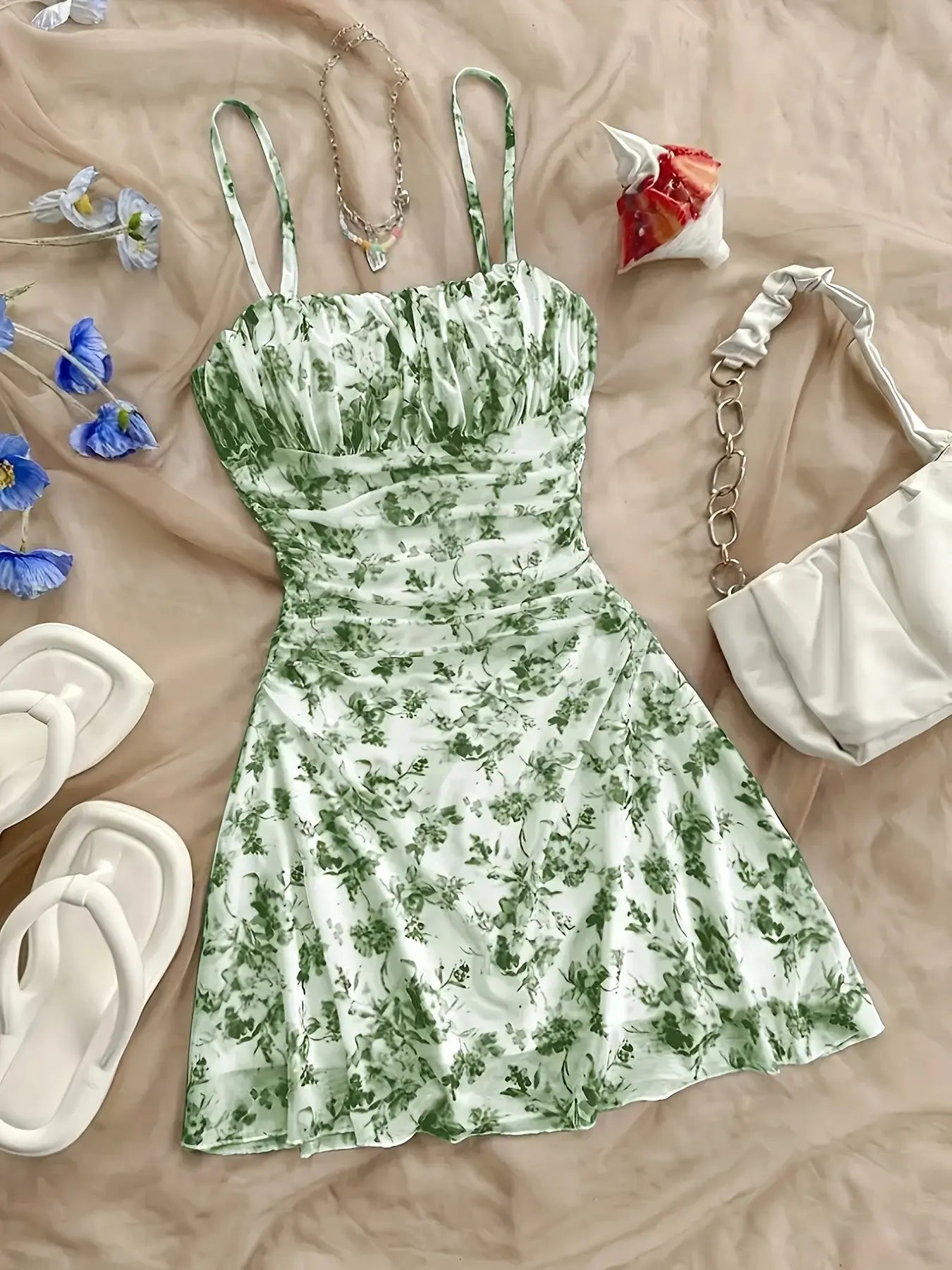 French Vintage Floral Print Halter Sleeveless Dress, Drawstring Waist Slimming, A-Line Short Dress, Summer Vacation Style, Bohemian Summer Dress, Casual Wear, Sexy Feminine Girl Dress, Adjustable, Women