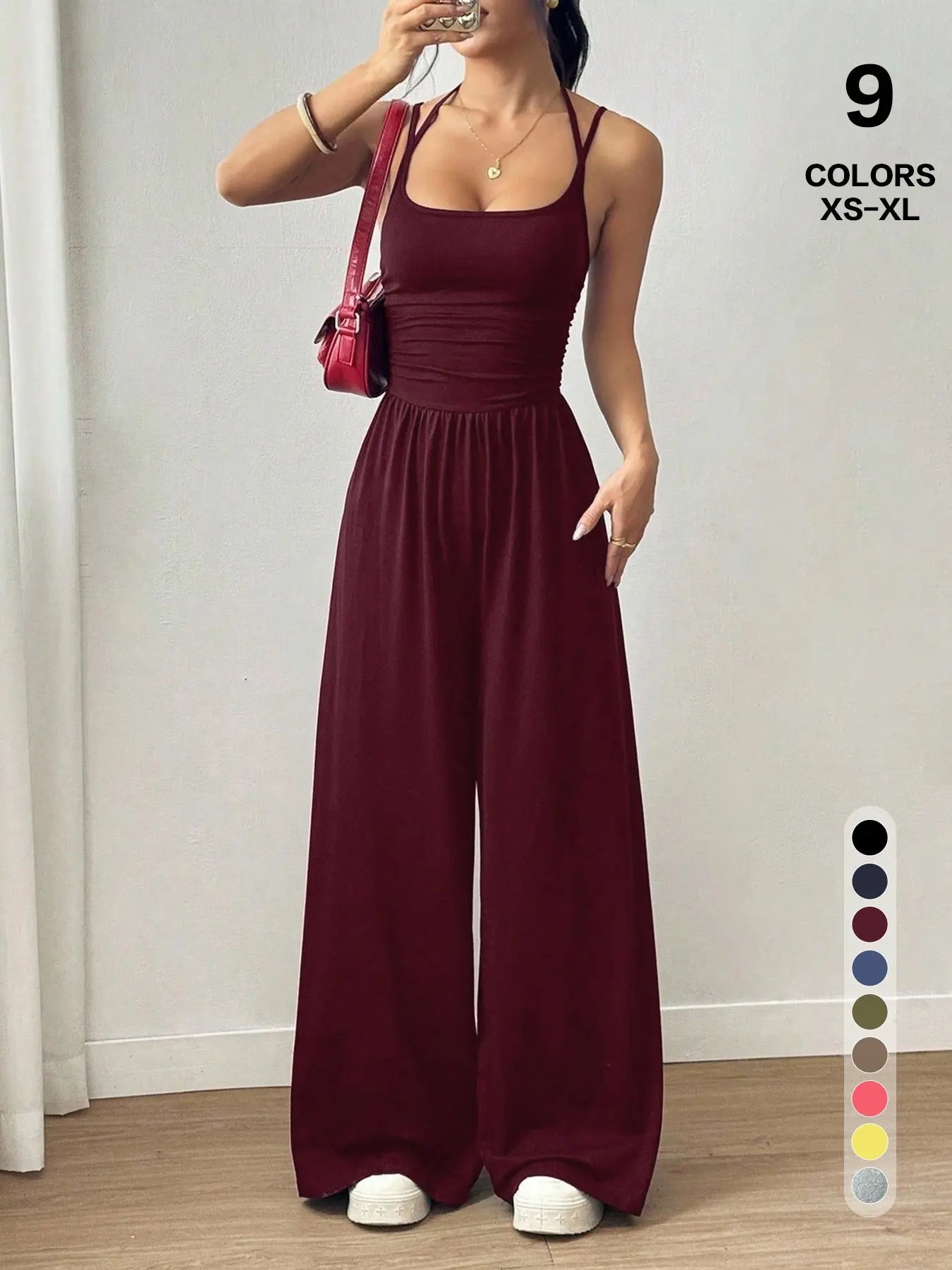 Women's Casual Pleated Loose Straight Jumpsuit, Adjustable Strap, Sleeveless, All Seasons Wear, Comfortable Fit, Moderate Fabric Thickness