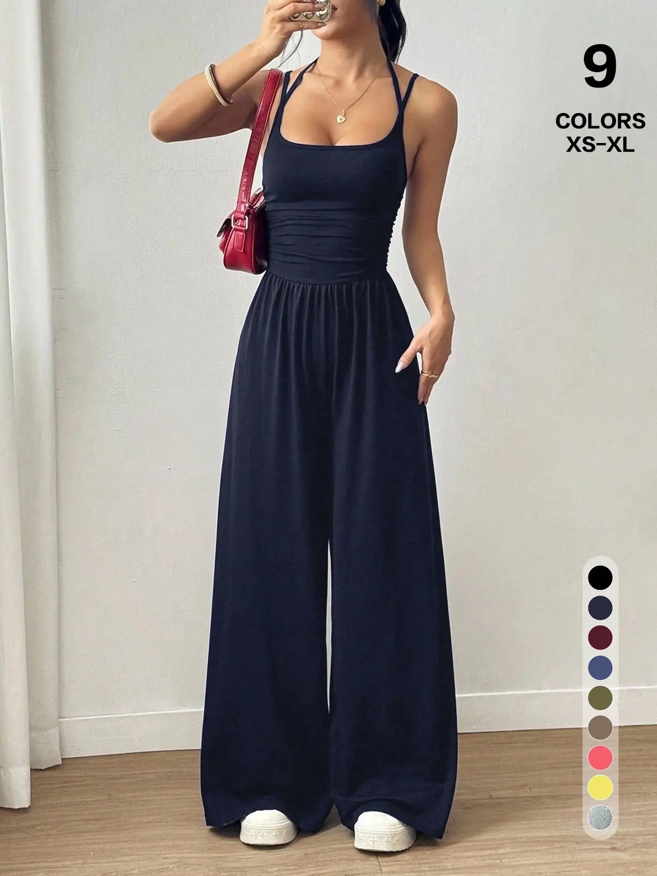 Women's Casual Pleated Loose Straight Jumpsuit, Adjustable Strap, Sleeveless, All Seasons Wear, Comfortable Fit, Moderate Fabric Thickness - Color: Dark Wash, Size: XS