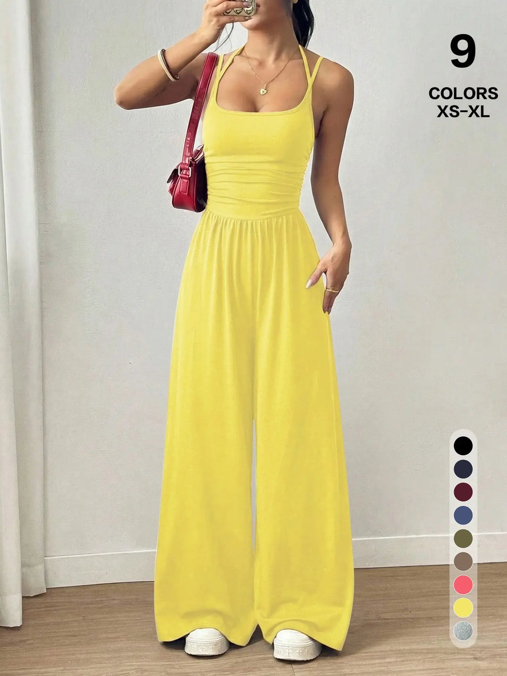 Women's Casual Pleated Loose Straight Jumpsuit, Adjustable Strap, Sleeveless, All Seasons Wear, Comfortable Fit, Moderate Fabric Thickness
