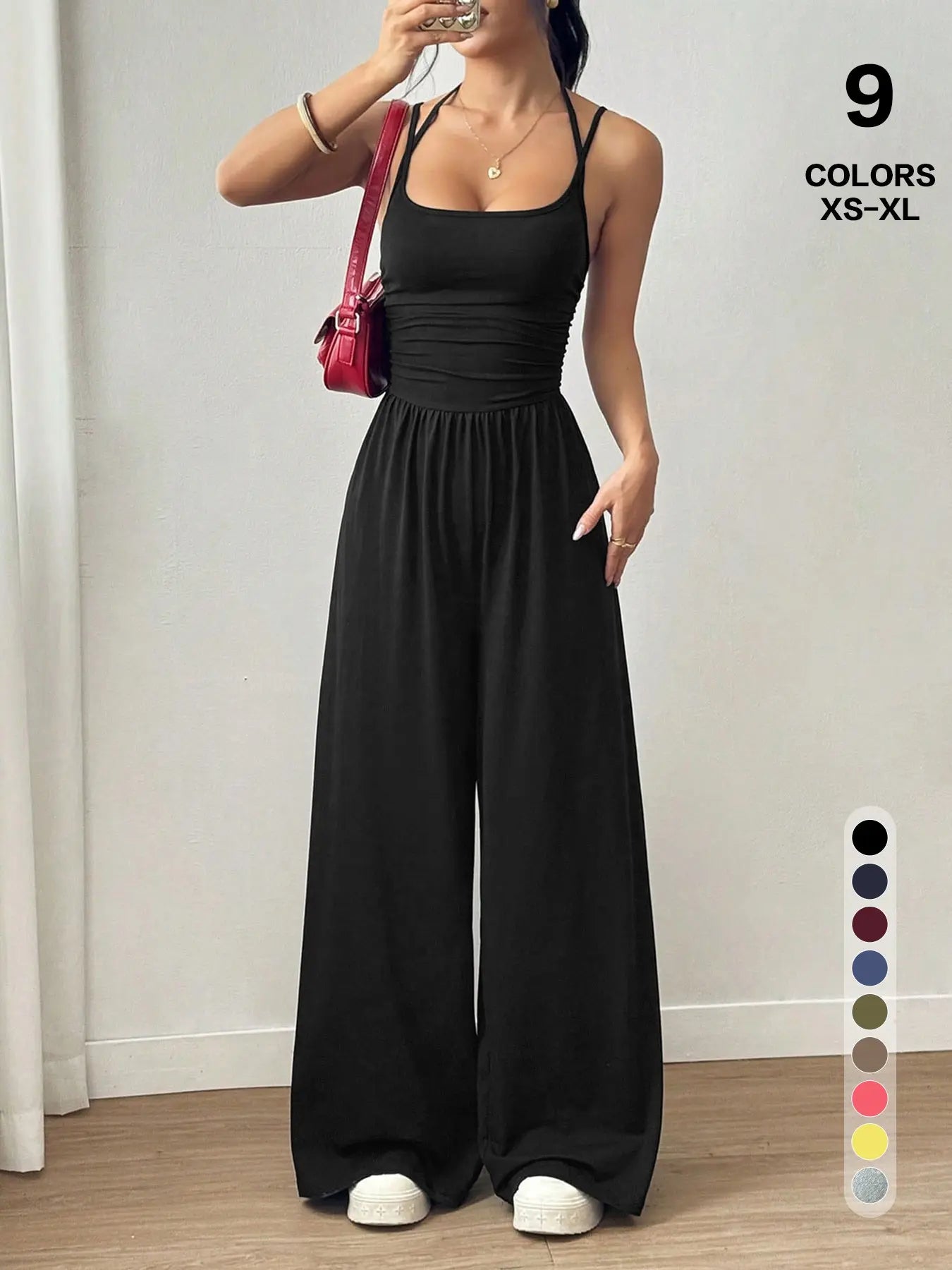 Women's Casual Pleated Loose Straight Jumpsuit, Adjustable Strap, Sleeveless, All Seasons Wear, Comfortable Fit, Moderate Fabric Thickness - Color: Black, Size: XS