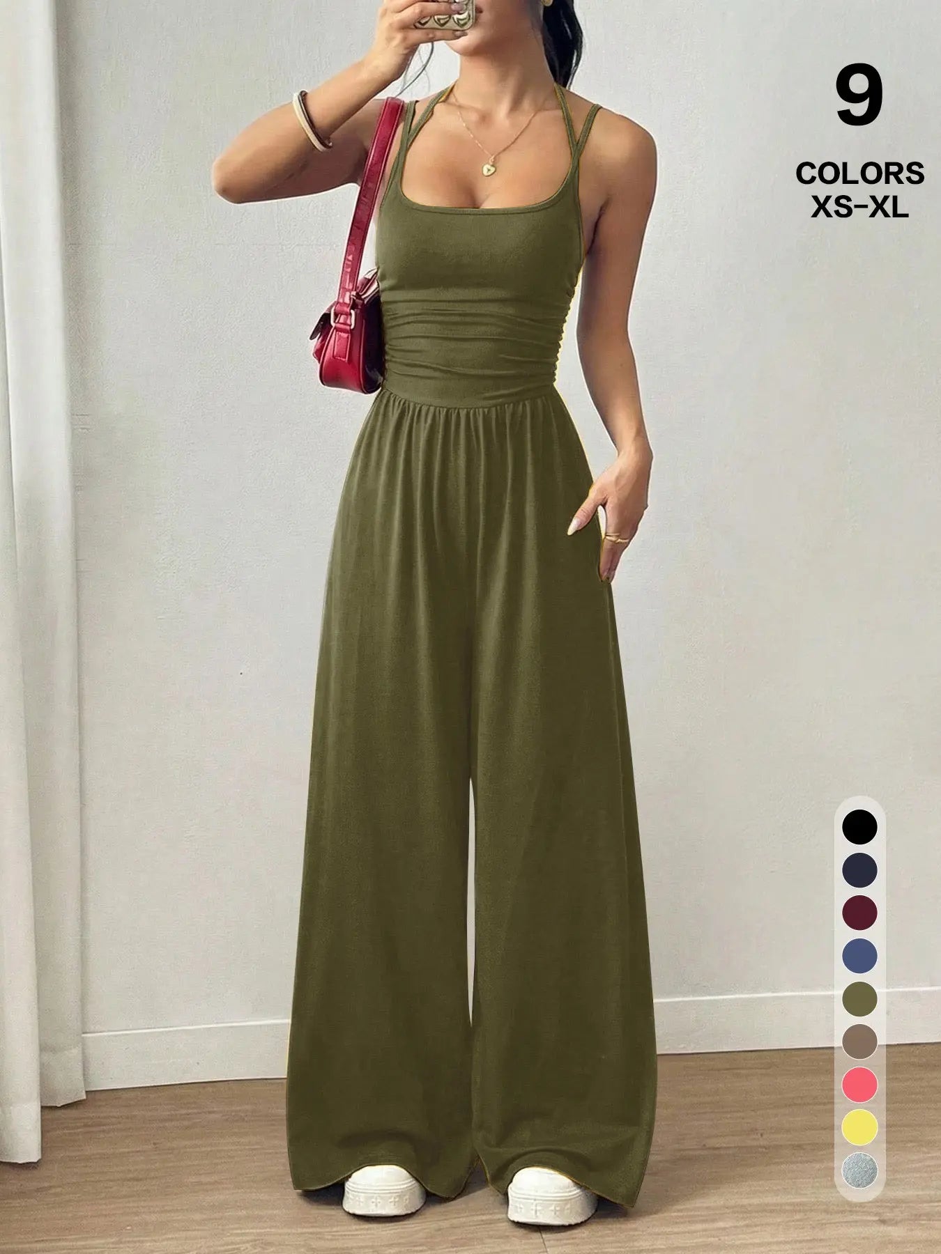 Women's Casual Pleated Loose Straight Jumpsuit, Adjustable Strap, Sleeveless, All Seasons Wear, Comfortable Fit, Moderate Fabric Thickness - Color: Military green, Size: XS