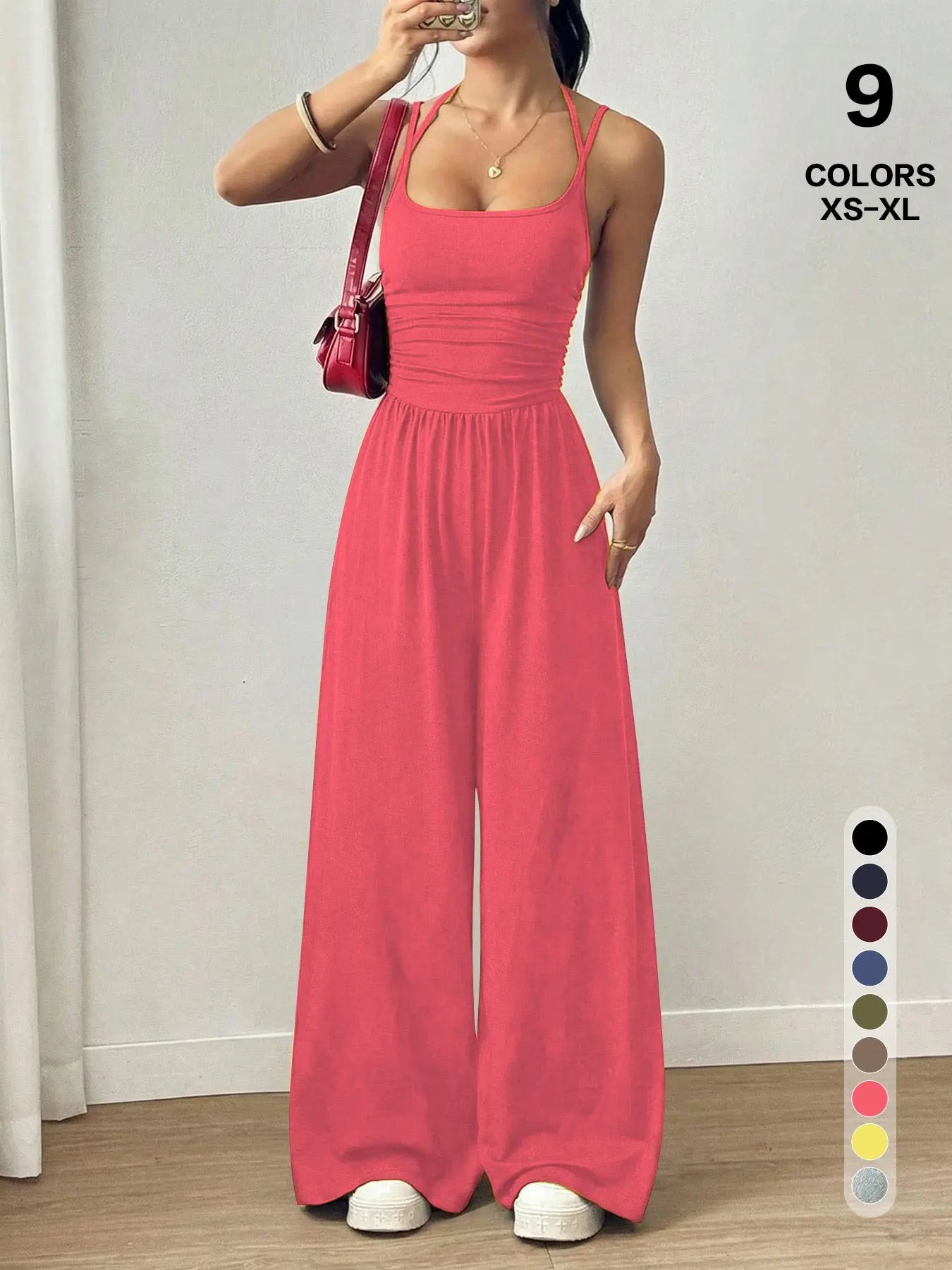 Women's Casual Pleated Loose Straight Jumpsuit, Adjustable Strap, Sleeveless, All Seasons Wear, Comfortable Fit, Moderate Fabric Thickness - Color: Watermelon red, Size: XS