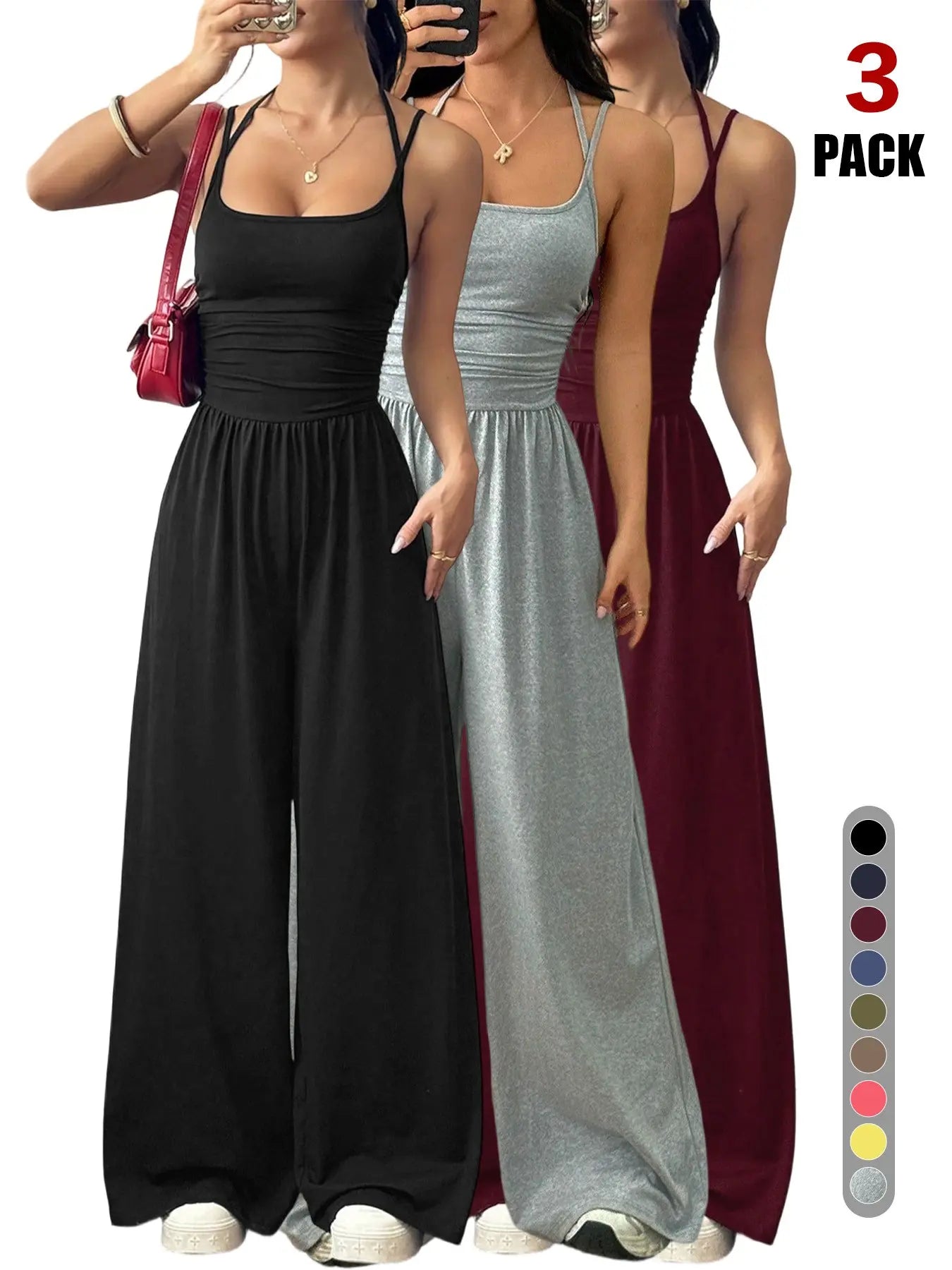 Women's Casual Pleated Loose Straight Jumpsuit, Adjustable Strap, Sleeveless, All Seasons Wear, Comfortable Fit, Moderate Fabric Thickness