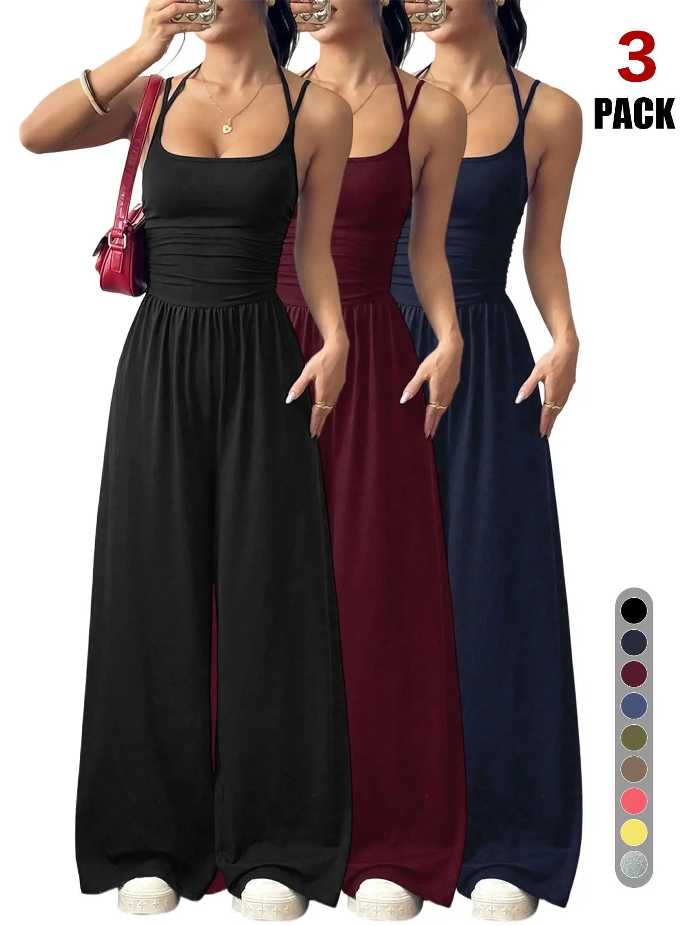 Women's Casual Pleated Loose Straight Jumpsuit, Adjustable Strap, Sleeveless, All Seasons Wear, Comfortable Fit, Moderate Fabric Thickness