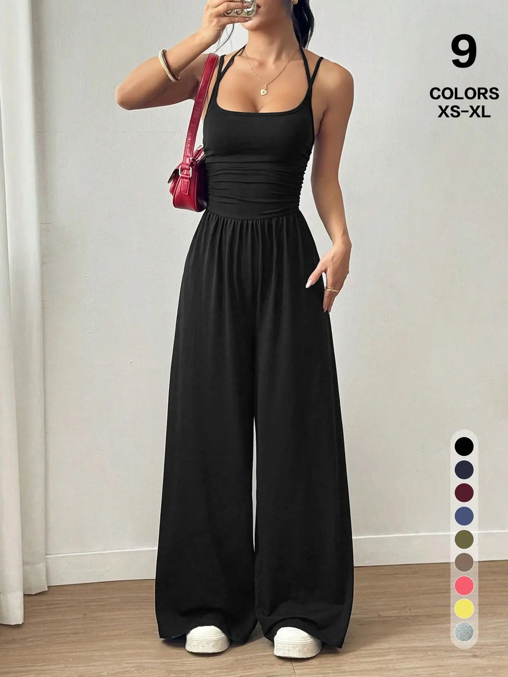 Women's Casual Pleated Loose Straight Jumpsuit, Adjustable Strap, Sleeveless, All Seasons Wear, Comfortable Fit, Moderate Fabric Thickness