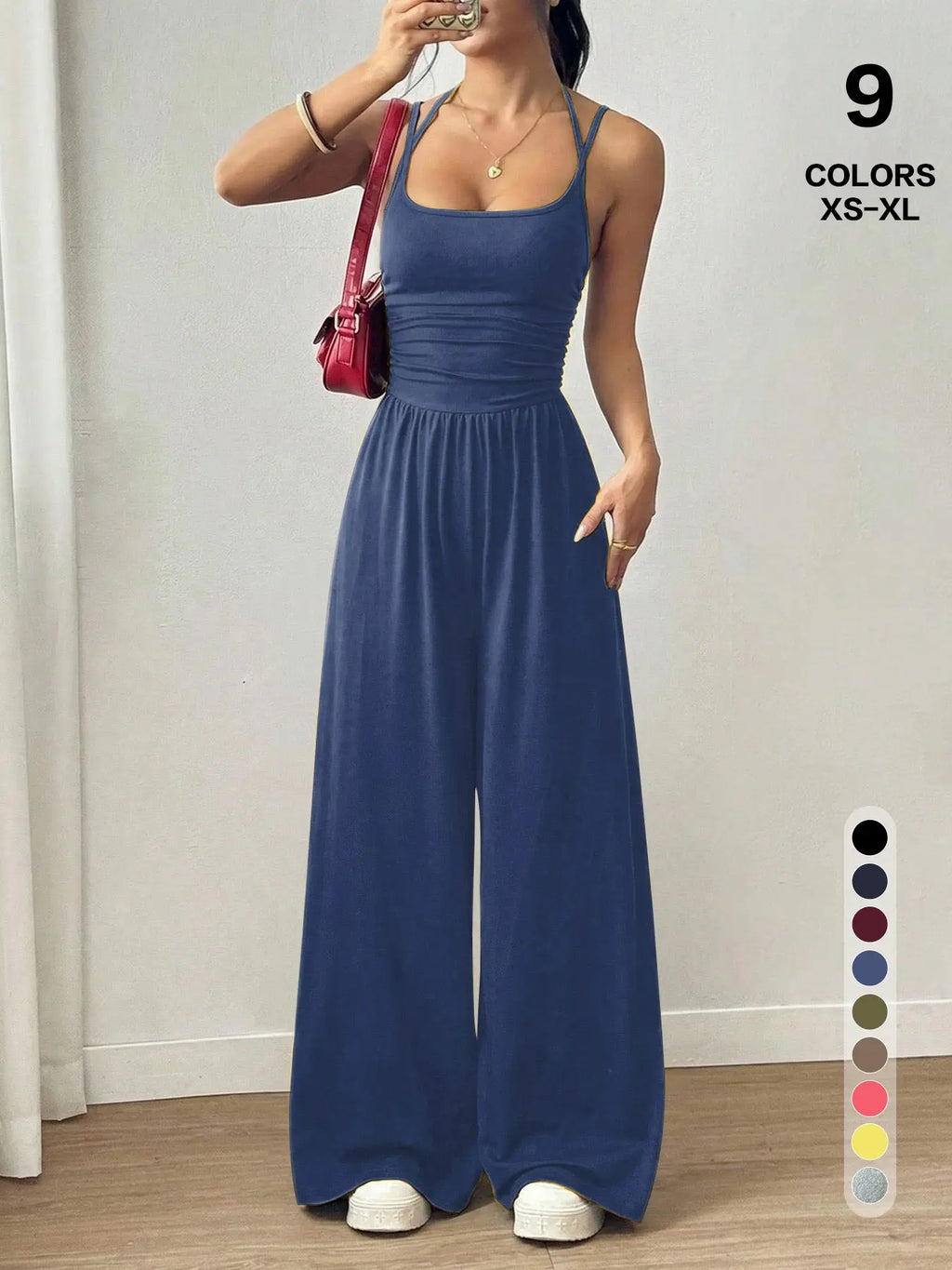 Women's Casual Pleated Loose Straight Jumpsuit, Adjustable Strap, Sleeveless, All Seasons Wear, Comfortable Fit, Moderate Fabric Thickness