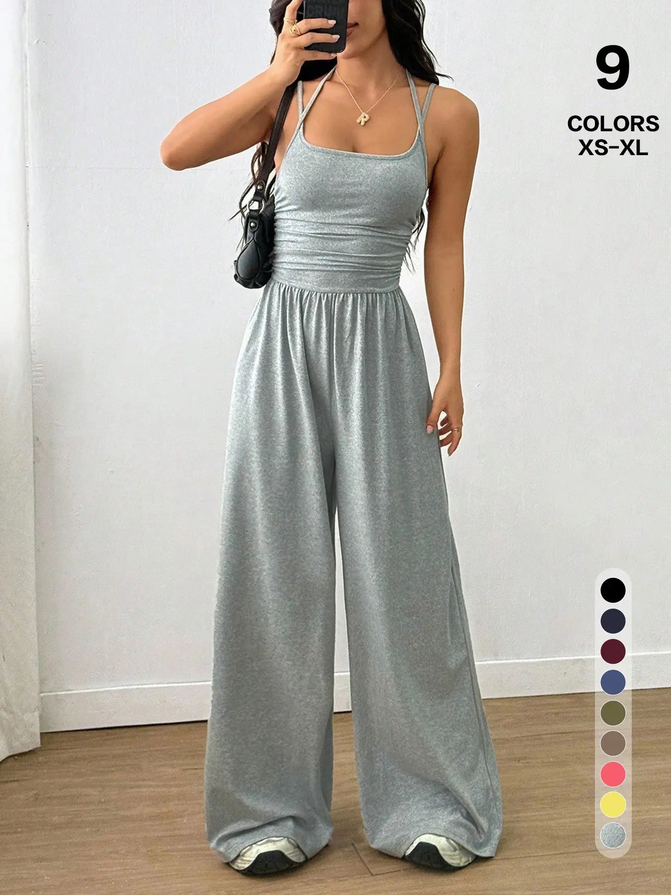 Women's Casual Pleated Loose Straight Jumpsuit, Adjustable Strap, Sleeveless, All Seasons Wear, Comfortable Fit, Moderate Fabric Thickness
