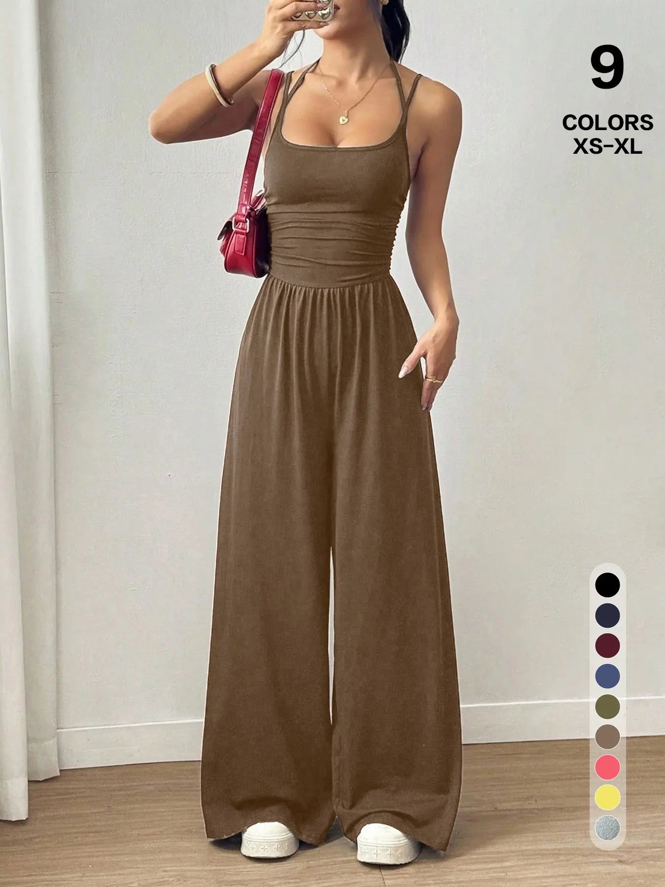 Women's Casual Pleated Loose Straight Jumpsuit, Adjustable Strap, Sleeveless, All Seasons Wear, Comfortable Fit, Moderate Fabric Thickness - Color: Coffee Brown, Size: XS