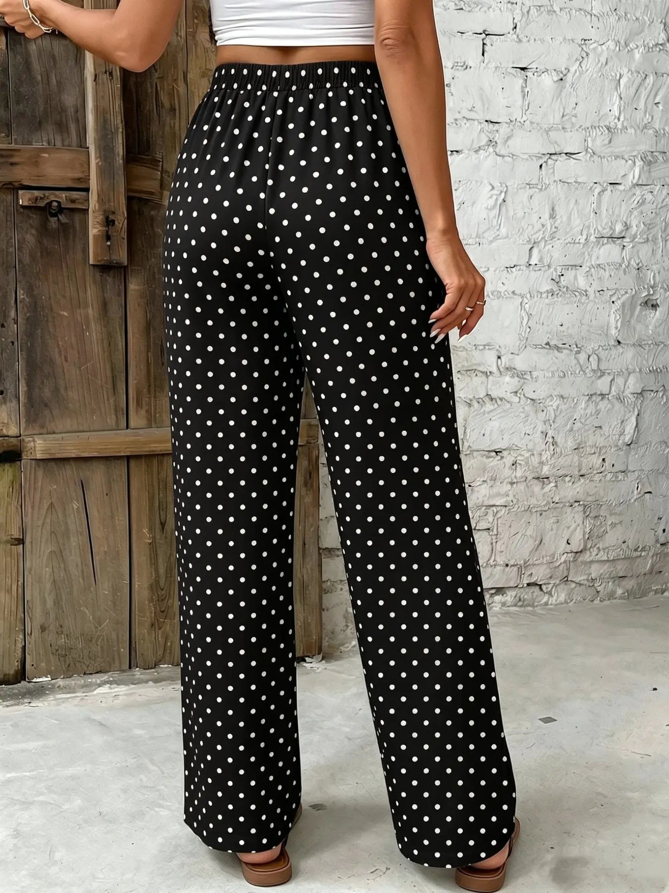 Women's Polka Dot Wide Leg Pants, High-Waist Tie Belt Adjustable Flowy Long Pants, Casual Summer Elegant Style Trouser
