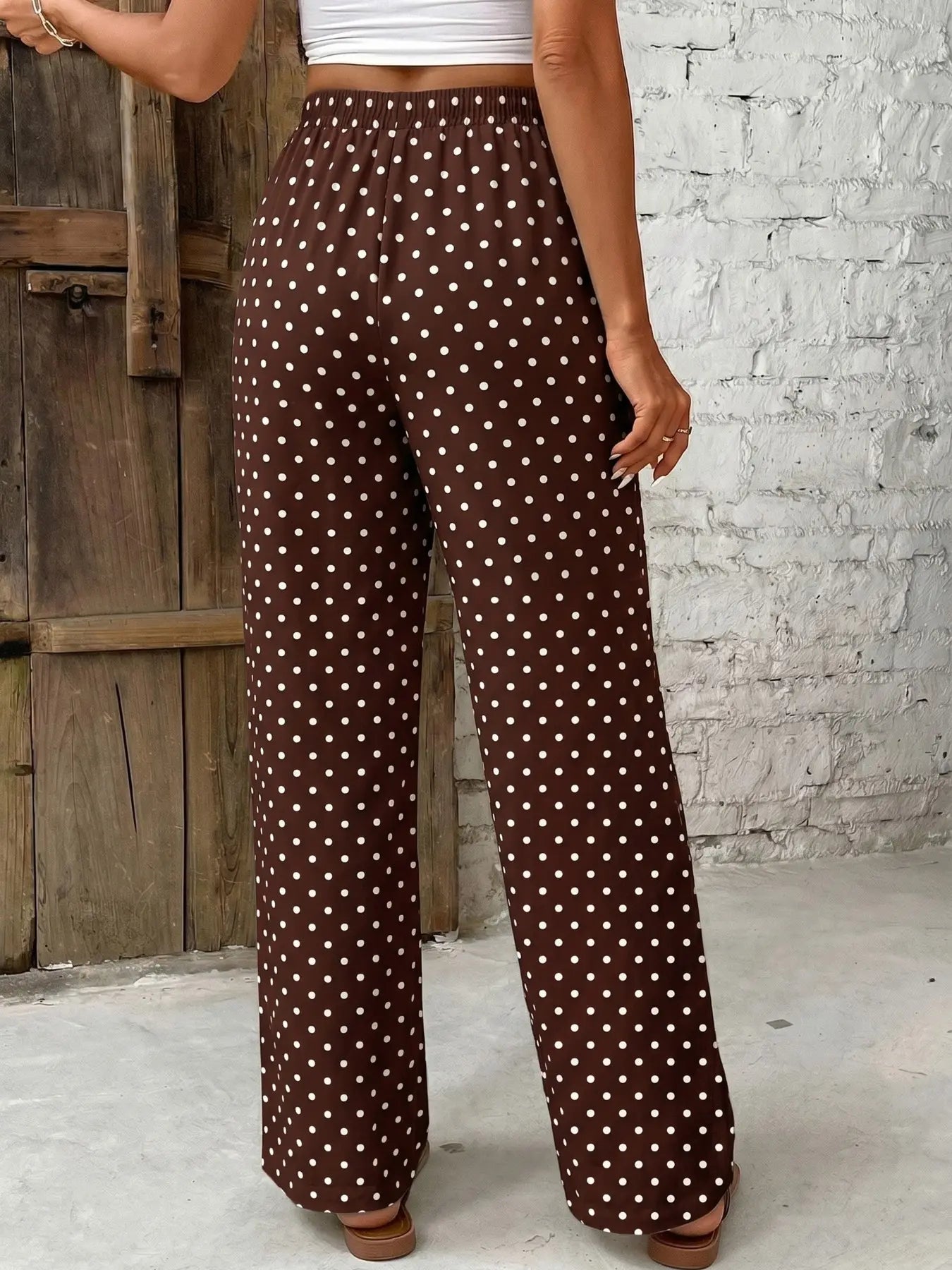 Women's Polka Dot Wide Leg Pants, High-Waist Tie Belt Adjustable Flowy Long Pants, Casual Summer Elegant Style Trouser