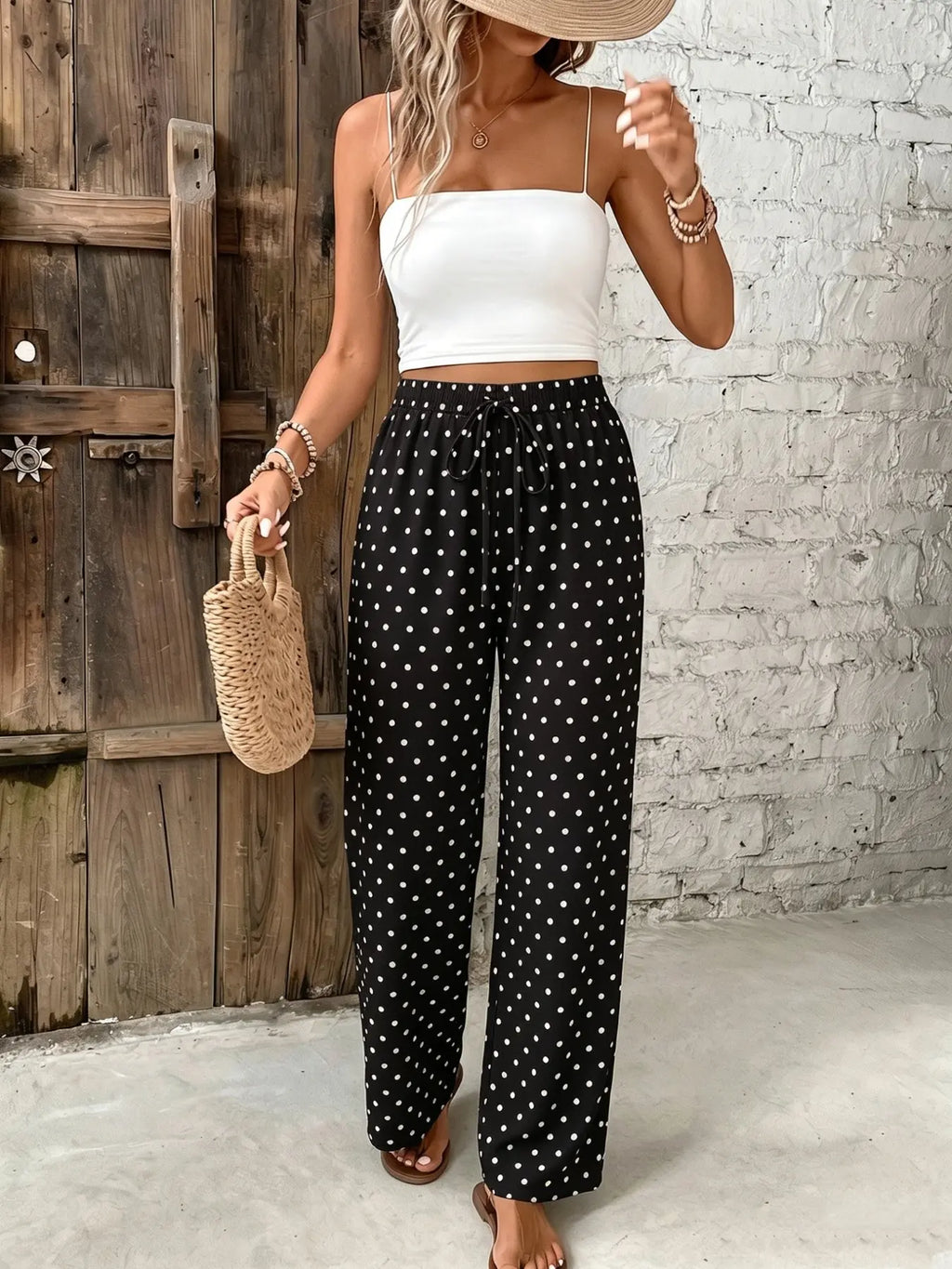 Women's Polka Dot Wide Leg Pants, High-Waist Tie Belt Adjustable Flowy Long Pants, Casual Summer Elegant Style Trouser