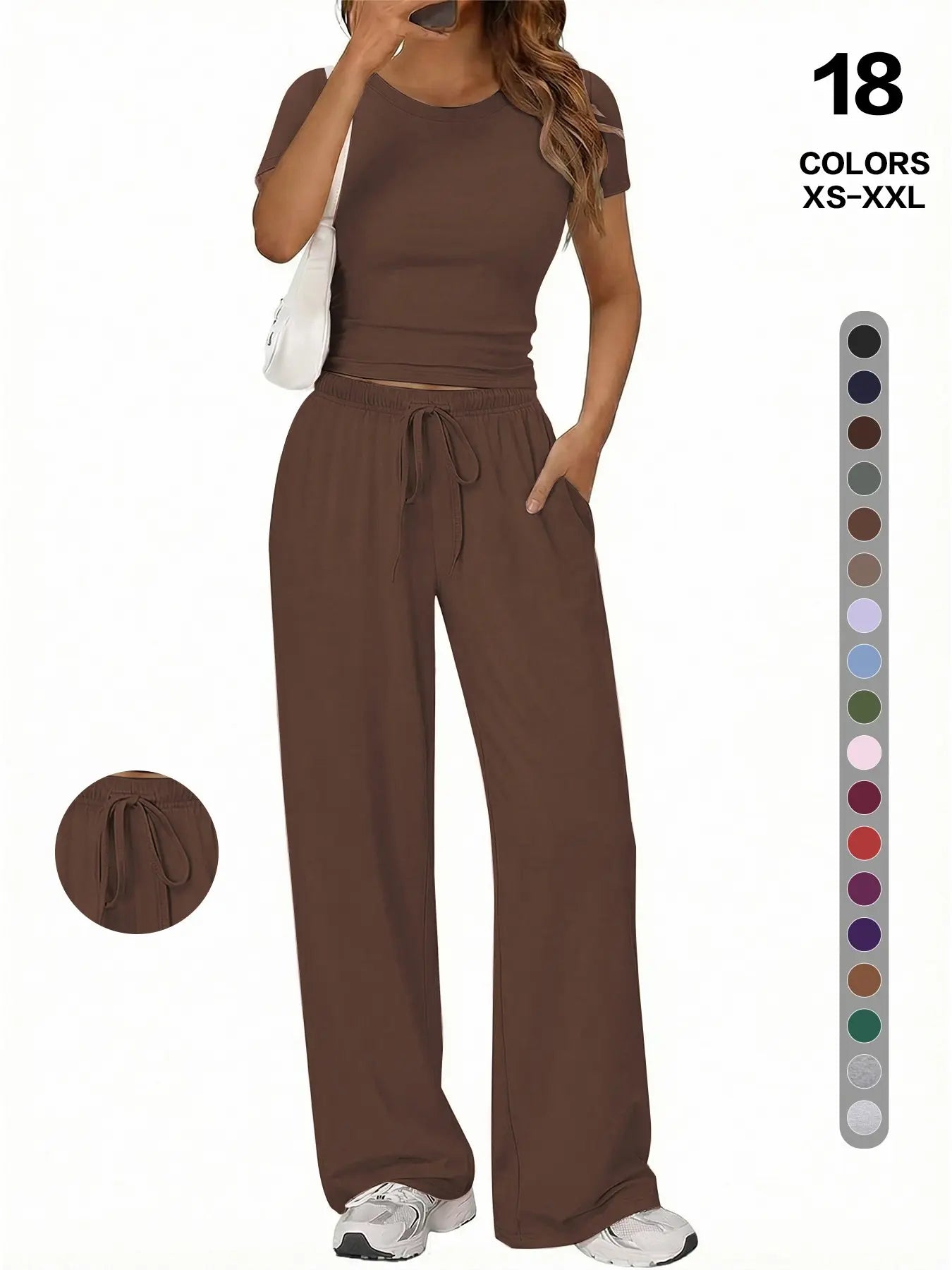 Simple Basic Casual Home Wear Set, Drawstring Adjustable Pocket Wide Leg Pants Two Piece Set, Comfortable Multi-Use, Summer Versatile, Slimming - Color: Coffee Brown, Size: M