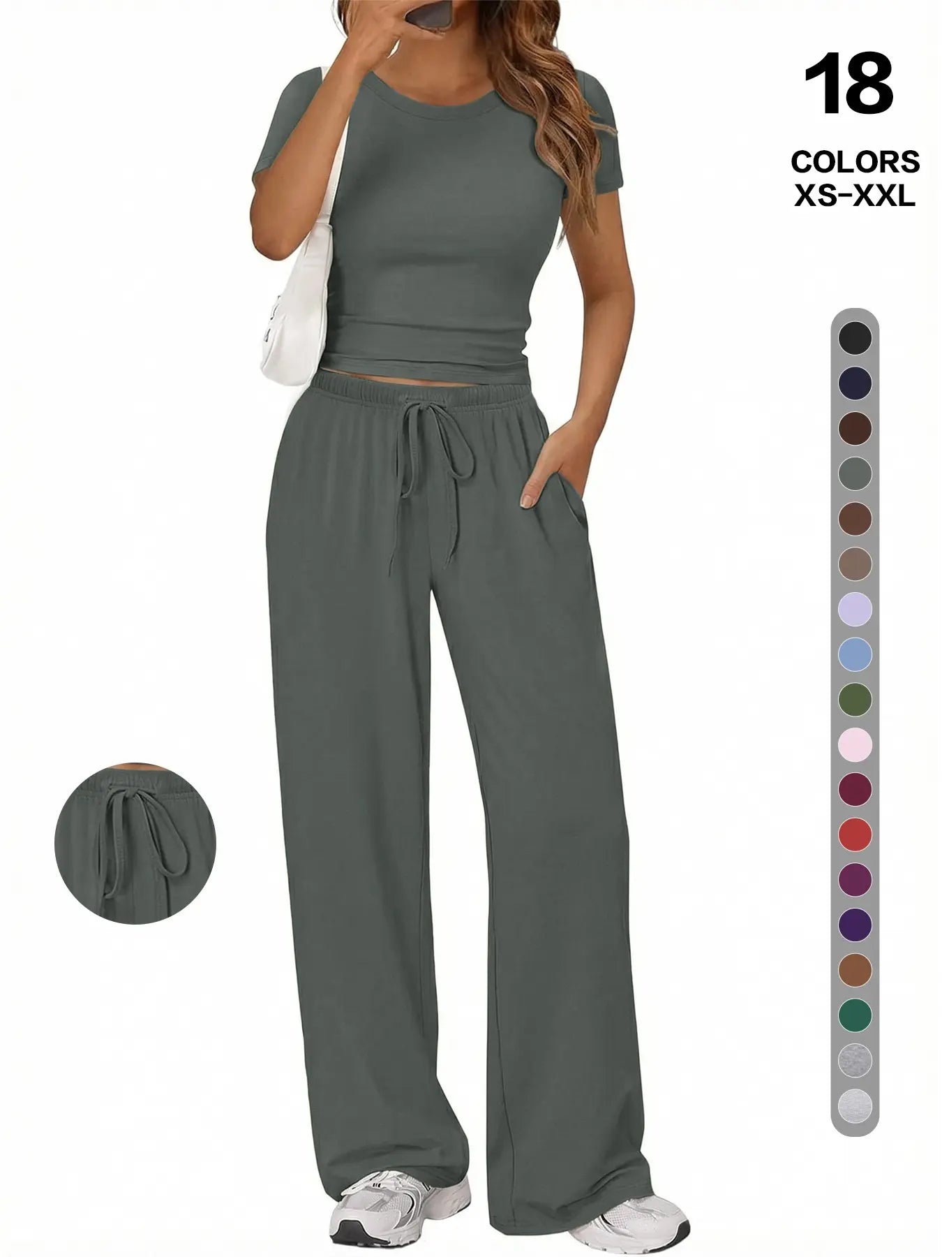 Simple Basic Casual Home Wear Set, Drawstring Adjustable Pocket Wide Leg Pants Two Piece Set, Comfortable Multi-Use, Summer Versatile, Slimming - Color: Dark Gray, Size: M