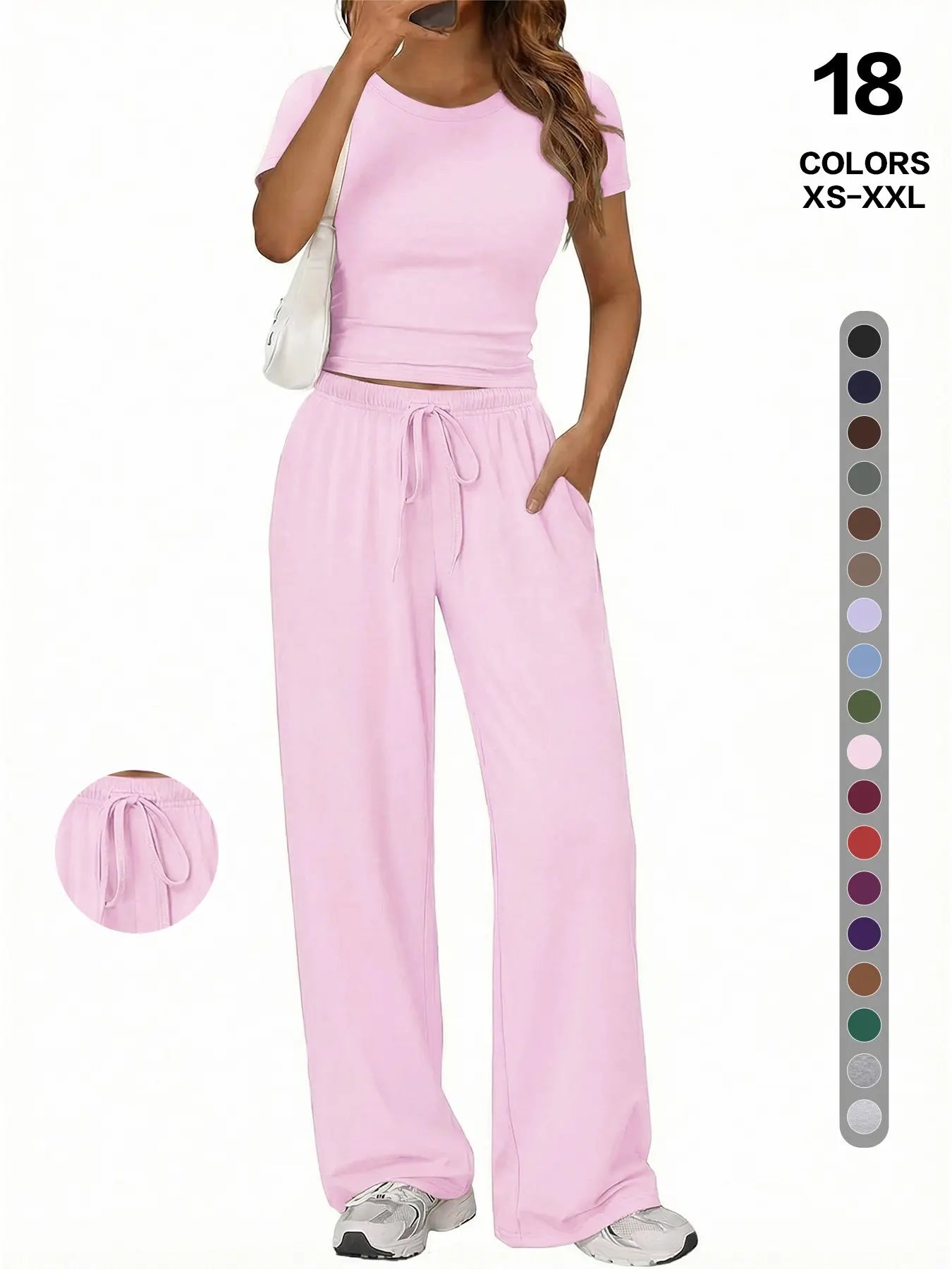 Simple Basic Casual Home Wear Set, Drawstring Adjustable Pocket Wide Leg Pants Two Piece Set, Comfortable Multi-Use, Summer Versatile, Slimming - Color: Light Pink, Size: M