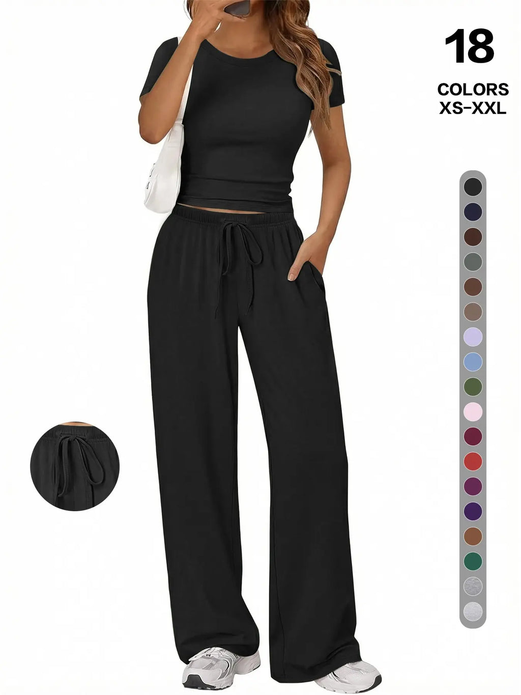 Simple Basic Casual Home Wear Set, Drawstring Adjustable Pocket Wide Leg Pants Two Piece Set, Comfortable Multi-Use, Summer Versatile, Slimming