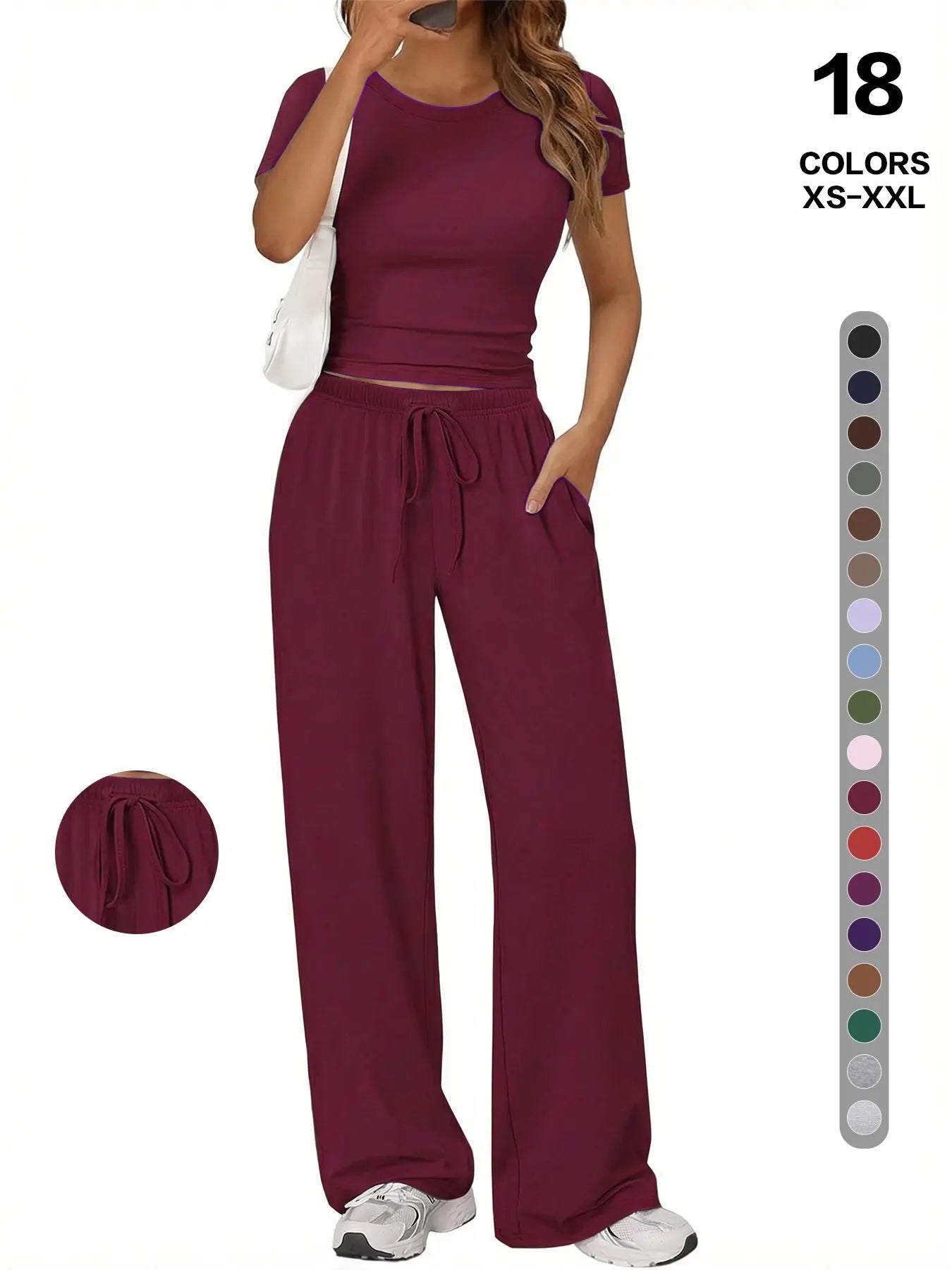 Simple Basic Casual Home Wear Set, Drawstring Adjustable Pocket Wide Leg Pants Two Piece Set, Comfortable Multi-Use, Summer Versatile, Slimming