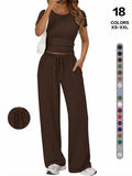 Simple Basic Casual Home Wear Set, Drawstring Adjustable Pocket Wide Leg Pants Two Piece Set, Comfortable Multi-Use, Summer Versatile, Slimming