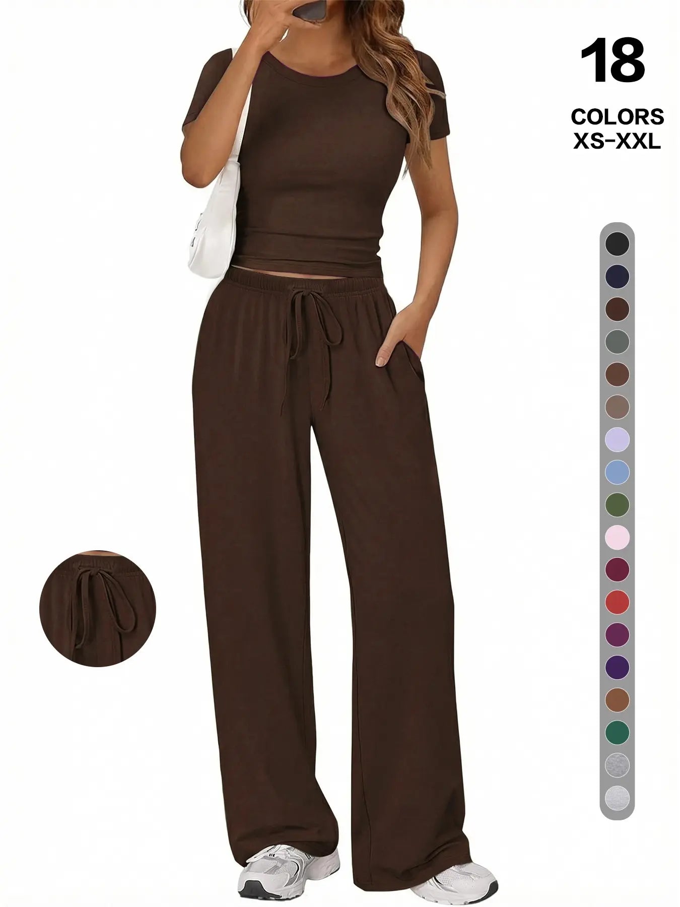 Simple Basic Casual Home Wear Set, Drawstring Adjustable Pocket Wide Leg Pants Two Piece Set, Comfortable Multi-Use, Summer Versatile, Slimming