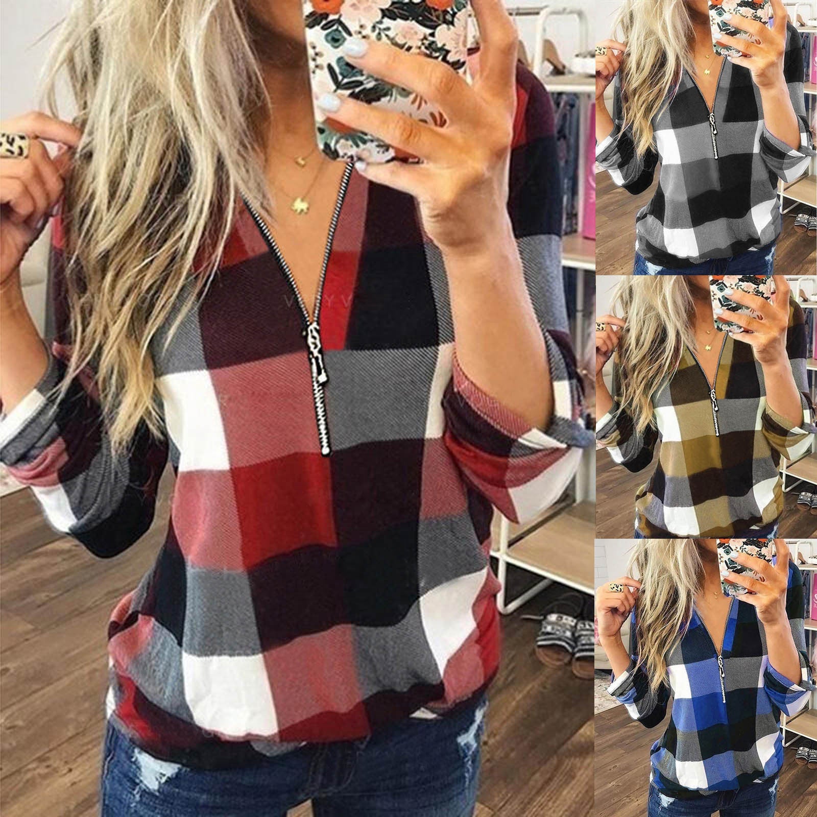Check Printed V-Neck Long Sleeve Zip Top